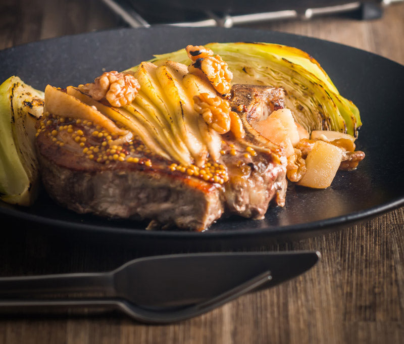 One Pan Pork Chop with Cabbage, Pear and Walnuts