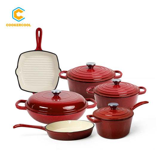 COOKERCOOL Cast Iron Enamel Cookeware Set 6pcs,Red