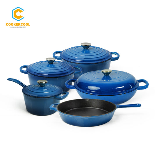 COOKERCOOL Casr Iron Enamel Cookware Set,Navy Blue