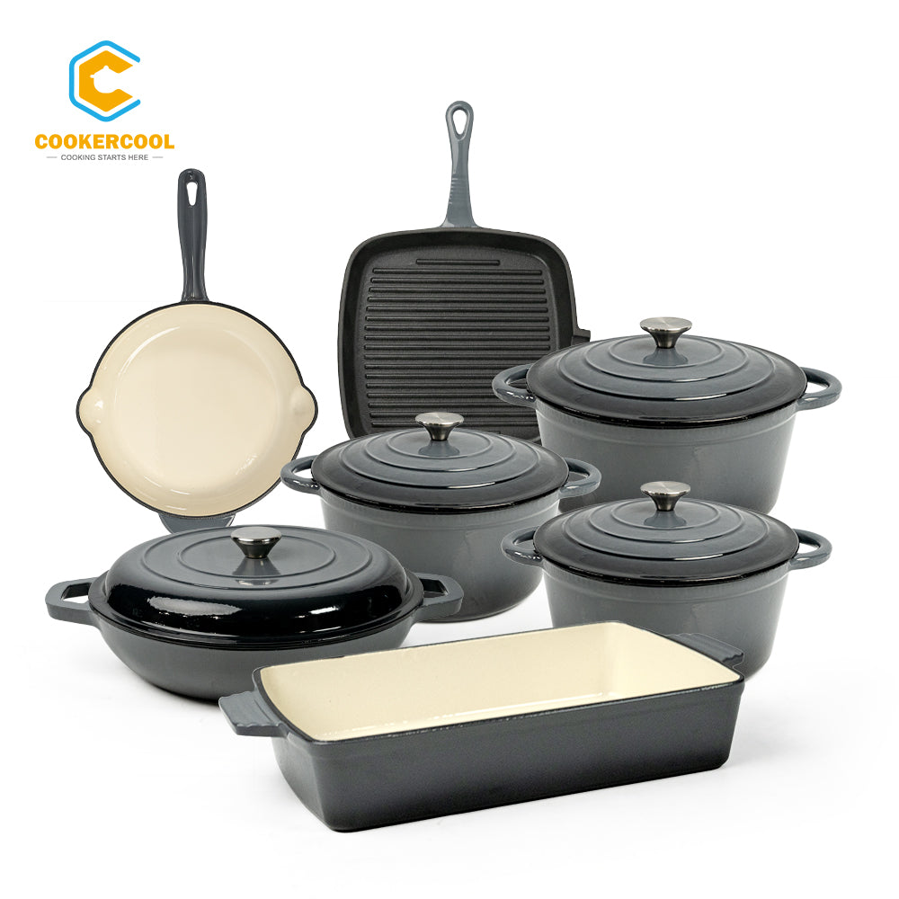 COOKERCOOL Casr Iron Enamel Cookware Set,7 pieces,Grey