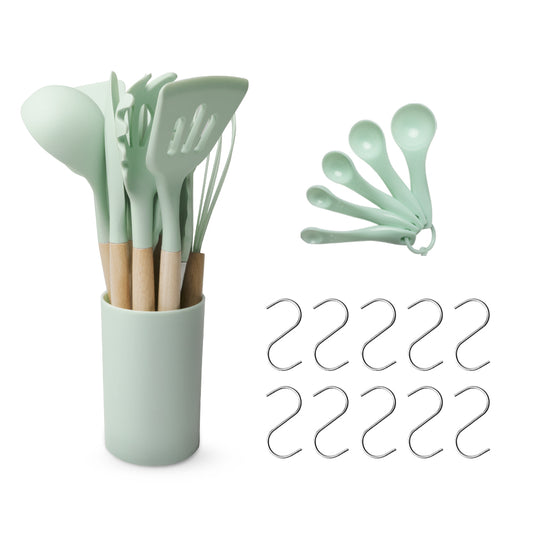 10 pieces wooden frame silicone utensils set with bucket