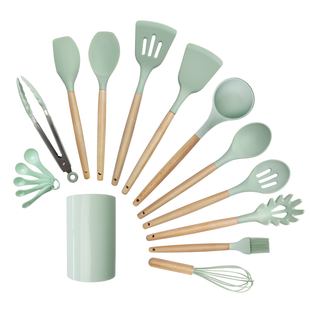 10 pieces wooden frame silicone utensils set with bucket